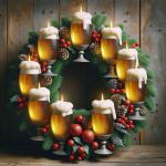 DALL·E 2023-12-25 10.16.04 - A Christmas wreath uniquely designed where the candles are replaced with beer glasses. The wreath is adorned with traditional festive decorations like.png